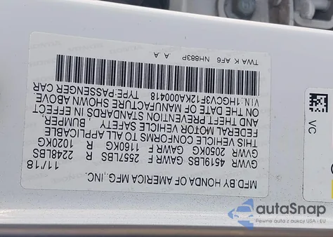 2019 Honda Accord Hybrid из США, поврежденный, VIN 1HGCV3F12KA000418